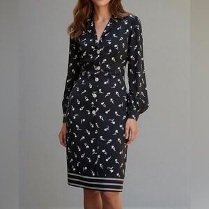 Vtg 70-80s Stanley Platos Dress Silk Secretary ShirtDress Navy Balloon Sleeve XS